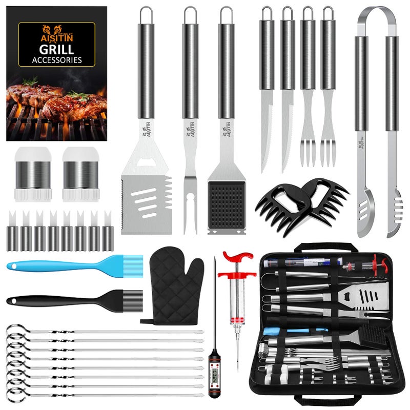AISITIN 35Pcs BBQ Grill Grilling Accessories Tools Set, Premium Barbecue Tool Set with Thermometer, Steel Fork, Stainless Steel Tongs and Spatula, Meat Injector, Grill Mat, BBQ Tools for Grill Outdoor - Image 1